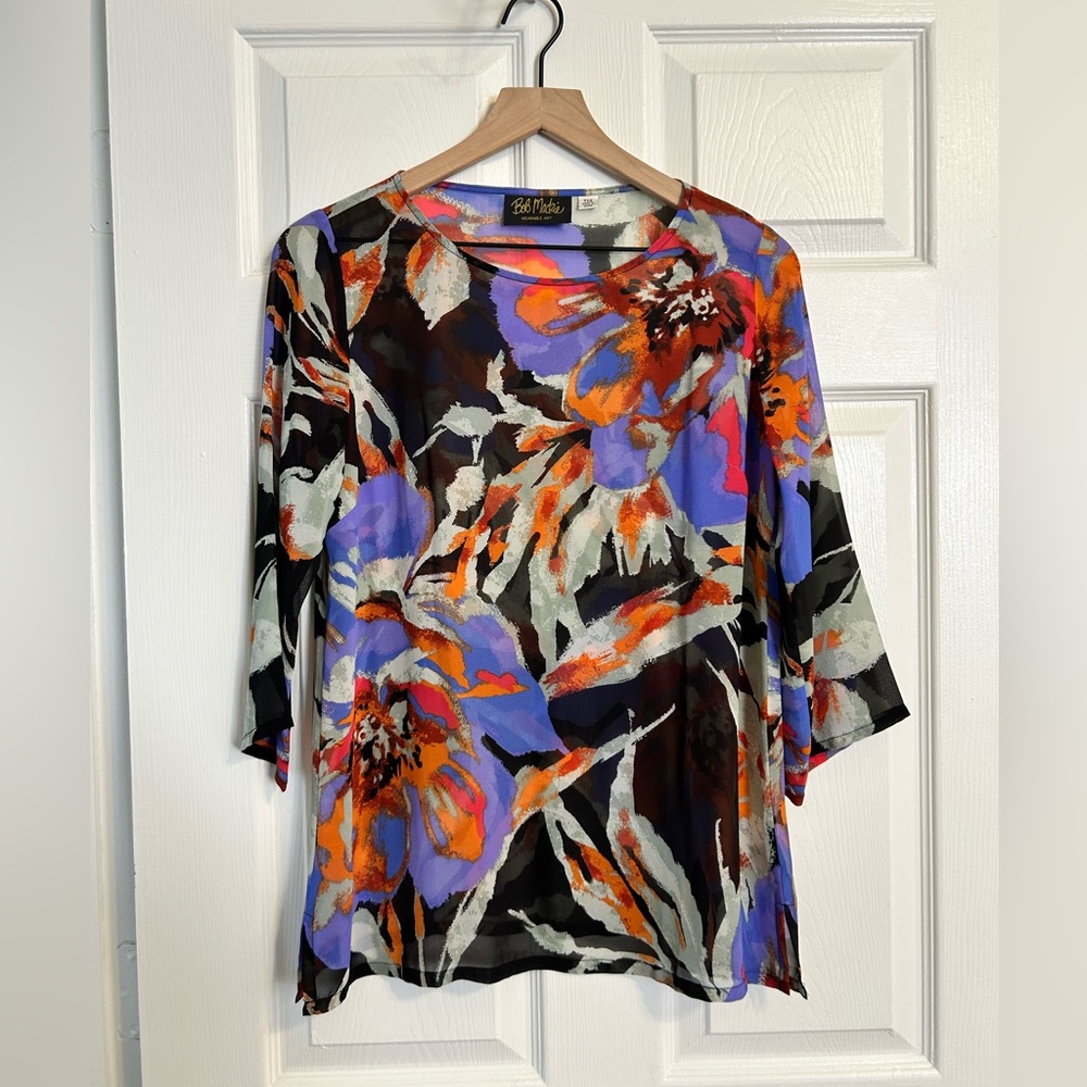 Bob Mackie Wearable Art sheer floral blouse XXS EUC